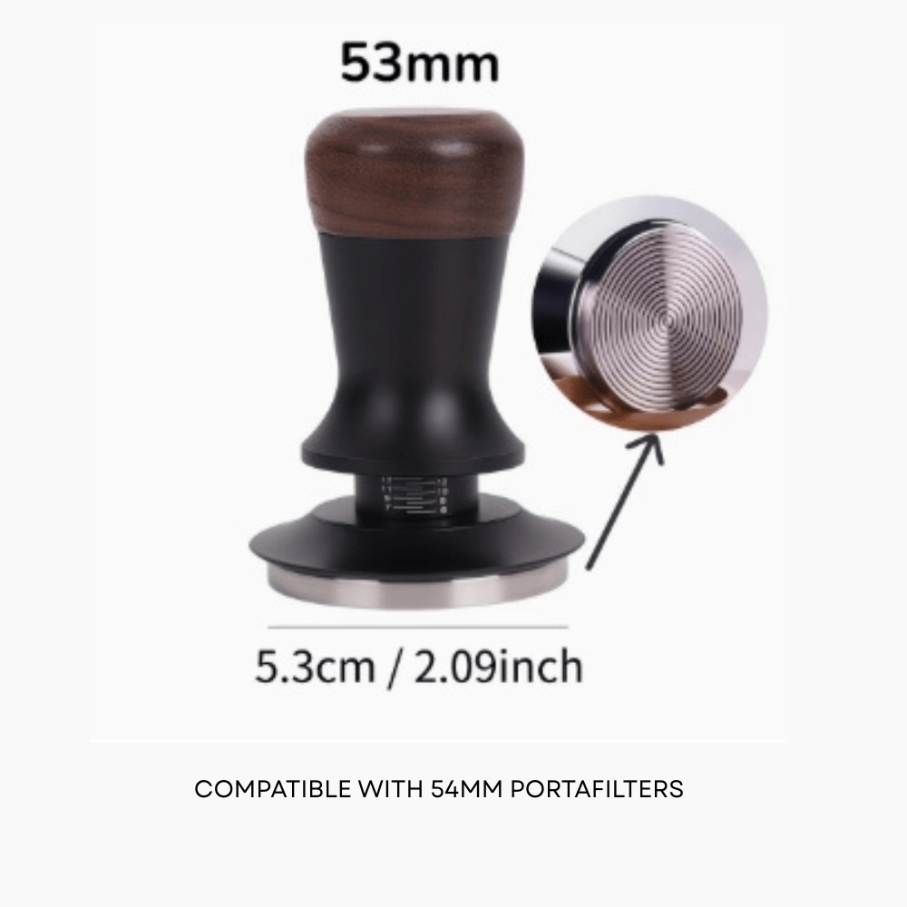53mm Espresso Coffee Tamper with Spring Loaded Leveler, Threaded Base & Wooden Handle - Baristas Tools