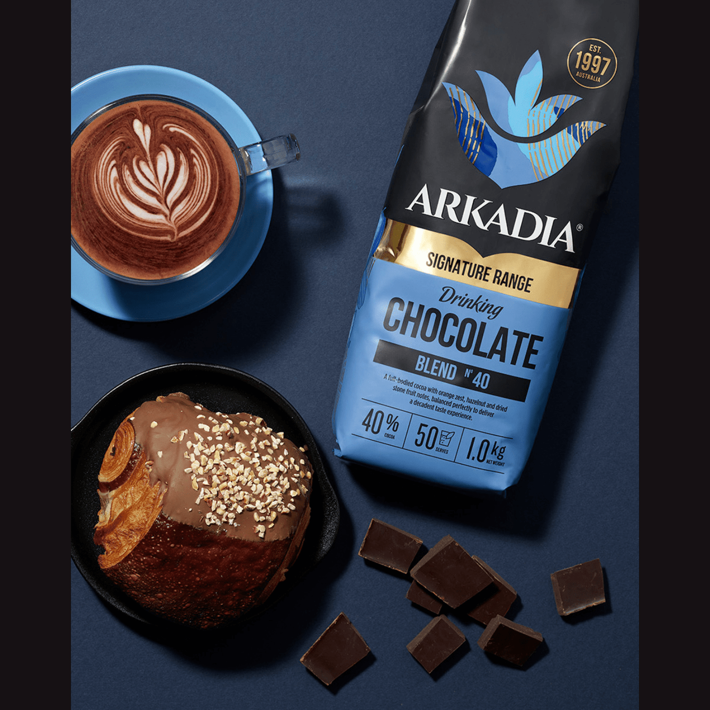 Arkadia Drinking Chocolate 40% Cocoa 1kg – Premium Café Style Hot Chocolate Powder – Rich Dark Chocolate Drink Mix - Baristas Tools