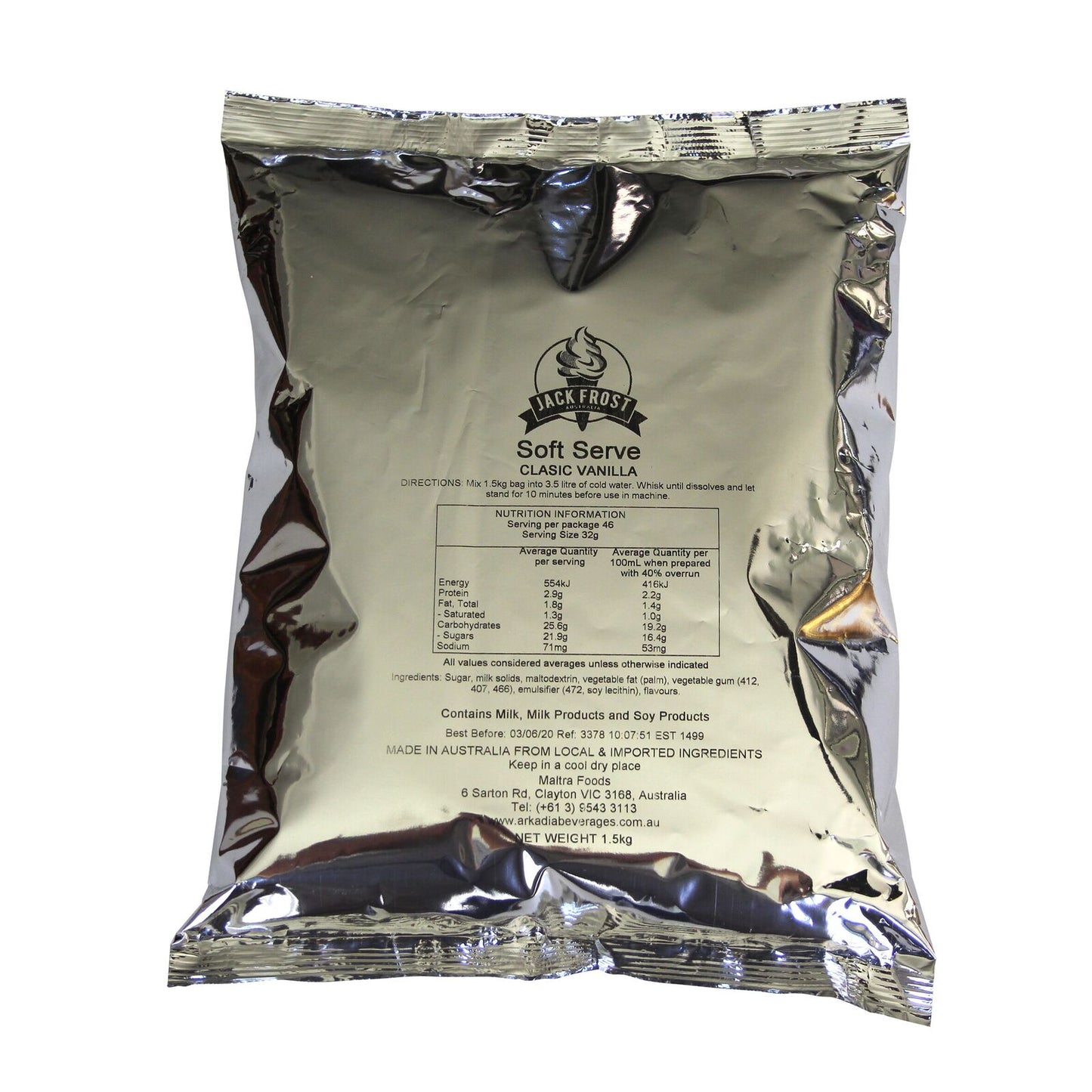 Arkadia Jack Frost Vanilla Soft Serve Powder 1.5kg – Premium Café - Quality Soft Serve Ice Cream Mix - Baristas Tools