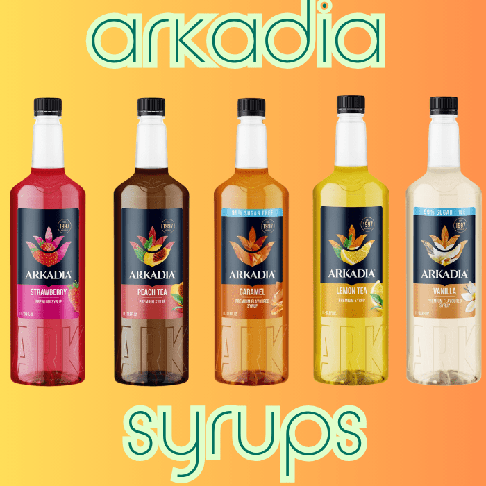 a selection of 1l arkadia premium syrups with orange background
