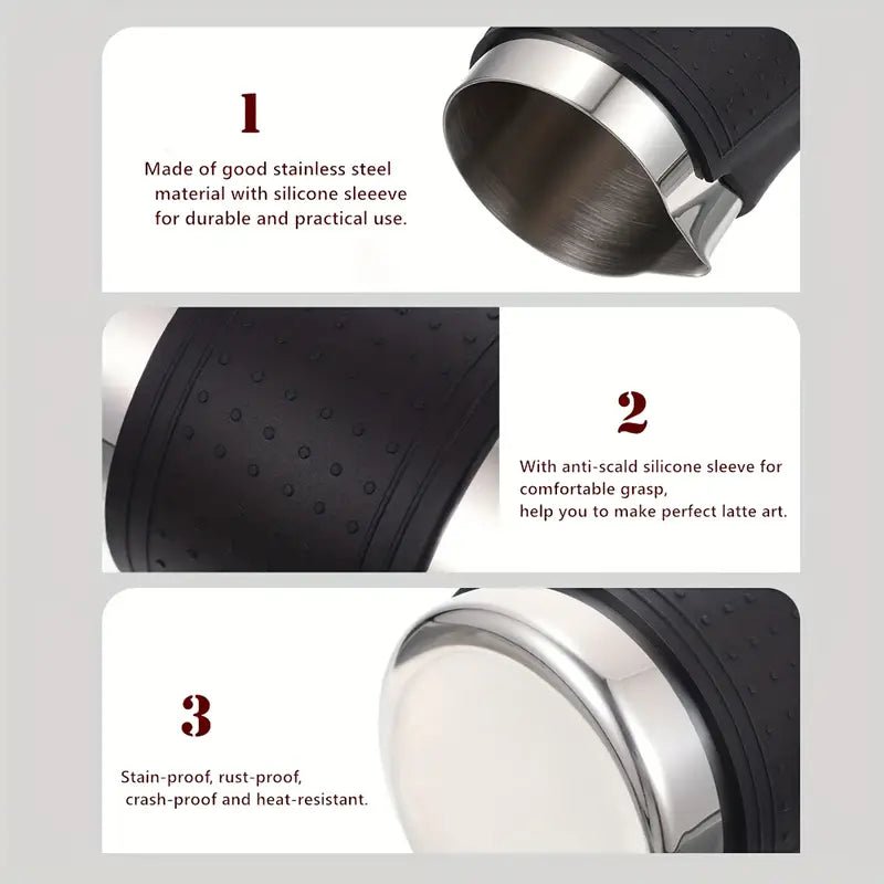 350ml Coffee Milk Frothing Jug – Stainless Steel Espresso Pitcher with Anti - Scald Silicone Grip | Barista Latte Art Cup for Steaming & Pouring - Baristas Tools
