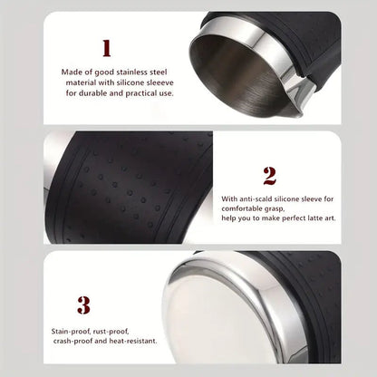 350ml Coffee Milk Frothing Jug – Stainless Steel Espresso Pitcher with Anti - Scald Silicone Grip | Barista Latte Art Cup for Steaming & Pouring - Baristas Tools