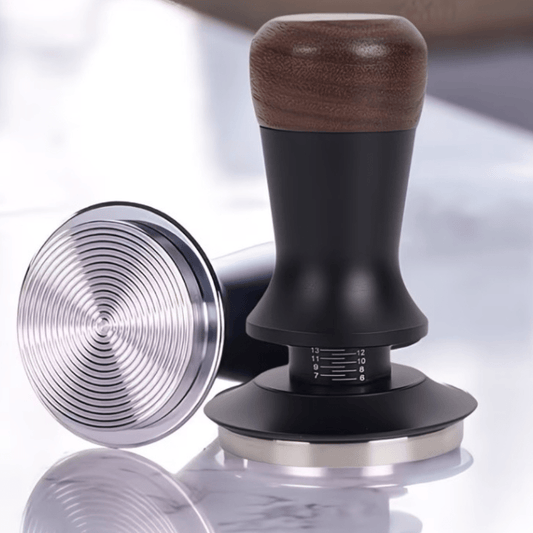 53mm Espresso Coffee Tamper with Spring Loaded Leveler, Threaded Base & Wooden Handle - Baristas Tools