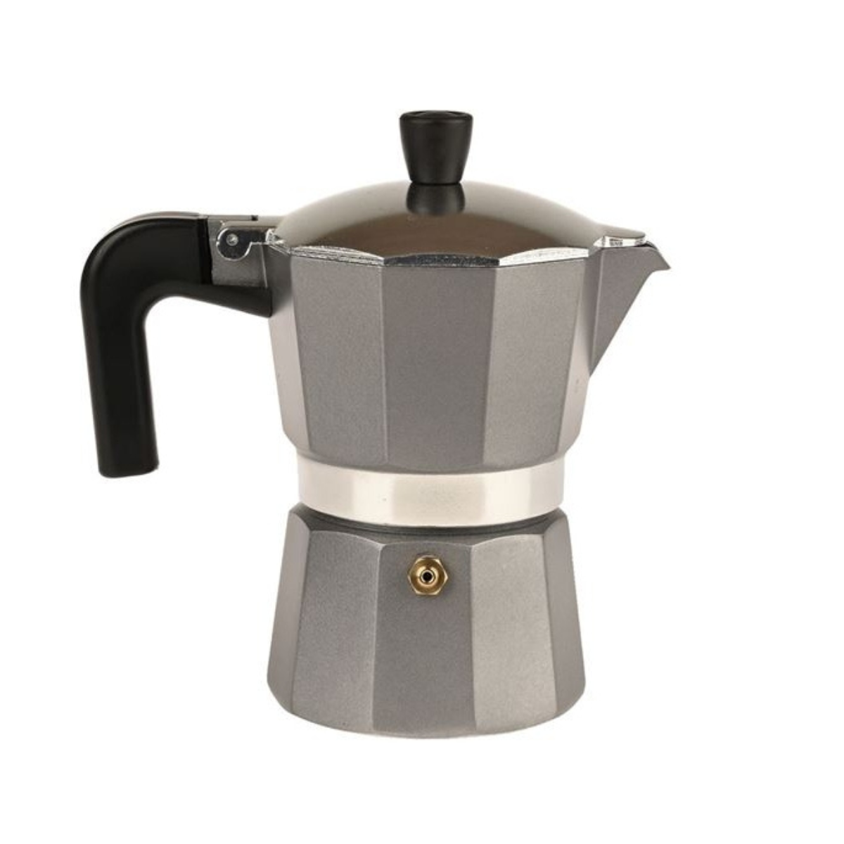 Silver stovetop espresso maker with black handle on a white background