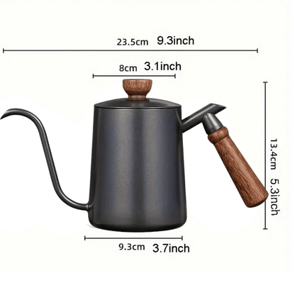 600ml Stainless Steel Gooseneck Pour Over Jug – Wooden Handle - Baristas Tools