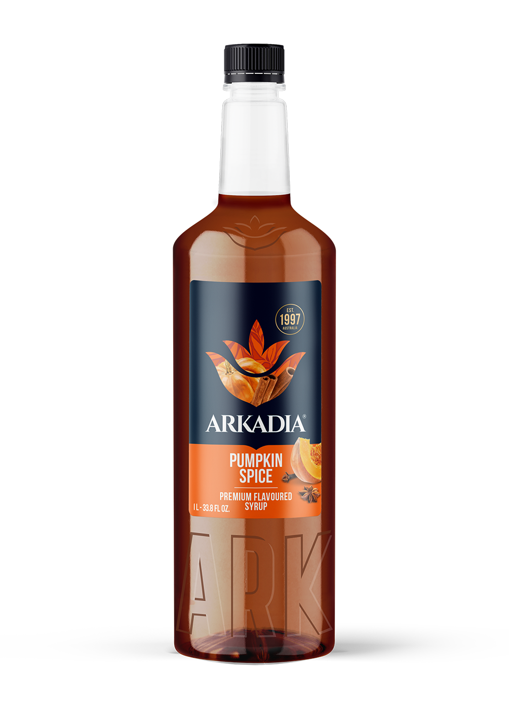 A bottle of Arkadia Pumpkin Spice premium flavored syrup, featuring amber liquid inside a clear glass bottle with a black cap and a black and orange label.