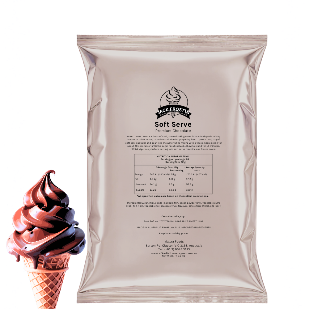 A silver pouch of Jack Frost Soft Serve Premium Chocolate ice cream stands on a white background next to a chocolate soft serve swirl in a waffle cone.