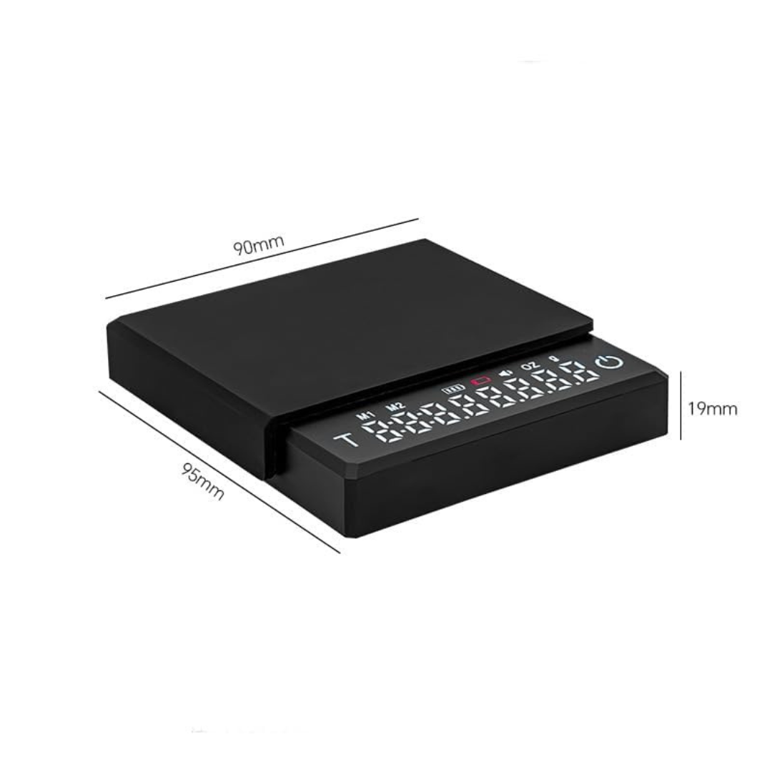 0.1g High Precision Drip Espresso Scale with dimensions 90mm x 95mm x 19mm, featuring a compact stainless steel platform and digital display.


