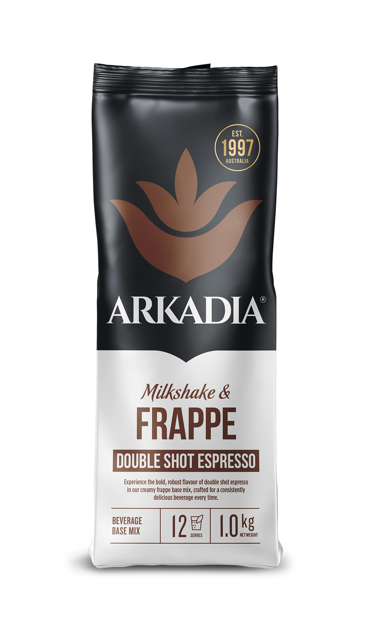 A 1 kg bag of Arkadia Milkshake & Frappe Double Shot Espresso beverage base mix, featuring a black and white packaging design with a brown logo and text.