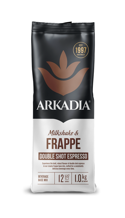 A 1 kg bag of Arkadia Milkshake & Frappe Double Shot Espresso beverage base mix, featuring a black and white packaging design with a brown logo and text.