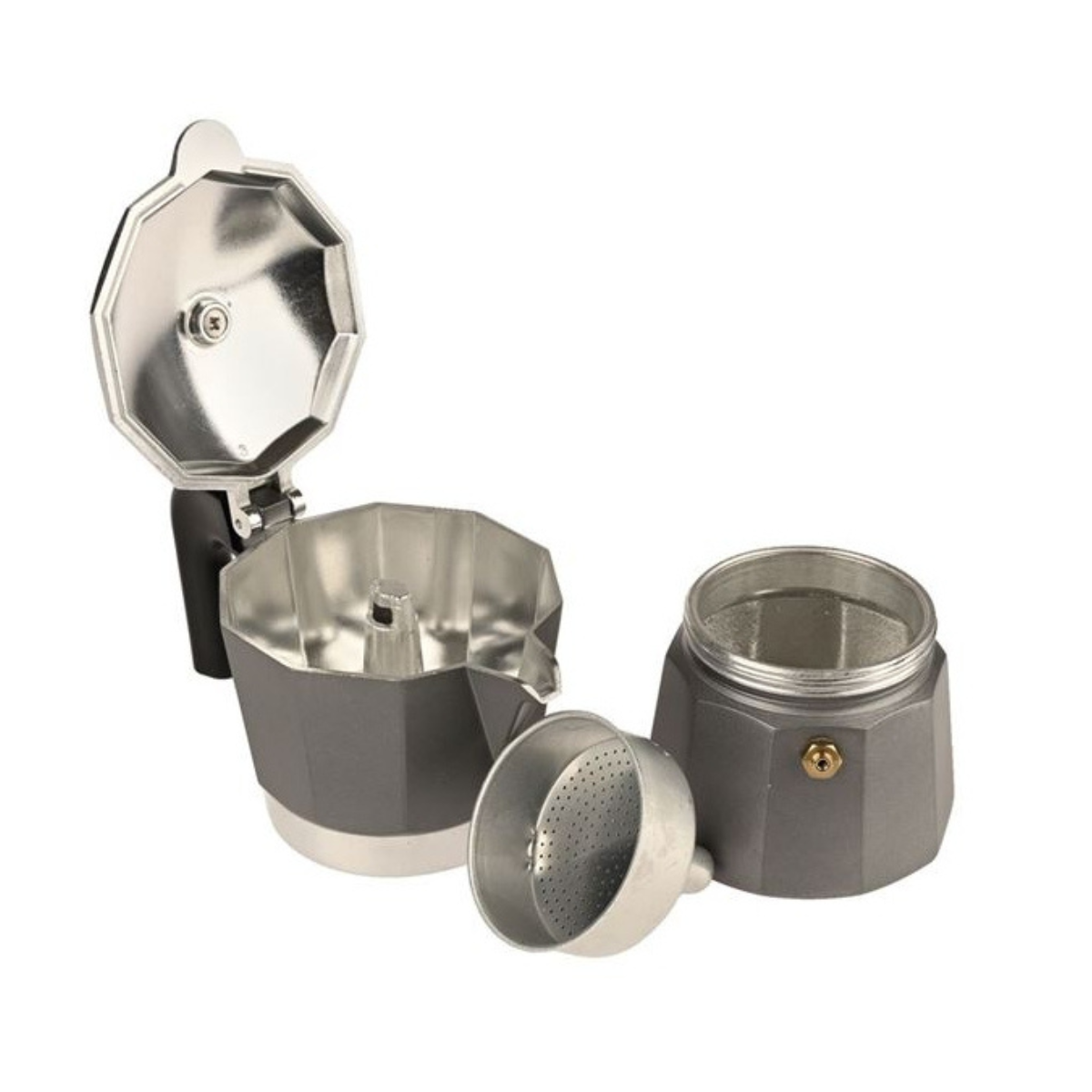 Metal coffee maker with open lid on a white background