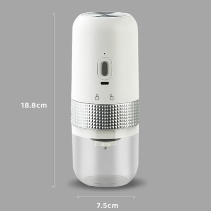 White and clear handheld device with measurement details on a gray background