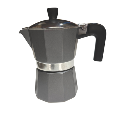 Gray metal stovetop coffee maker with black handle on a white background