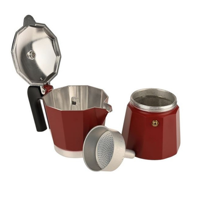Red and silver coffee maker with detachable parts on a white background