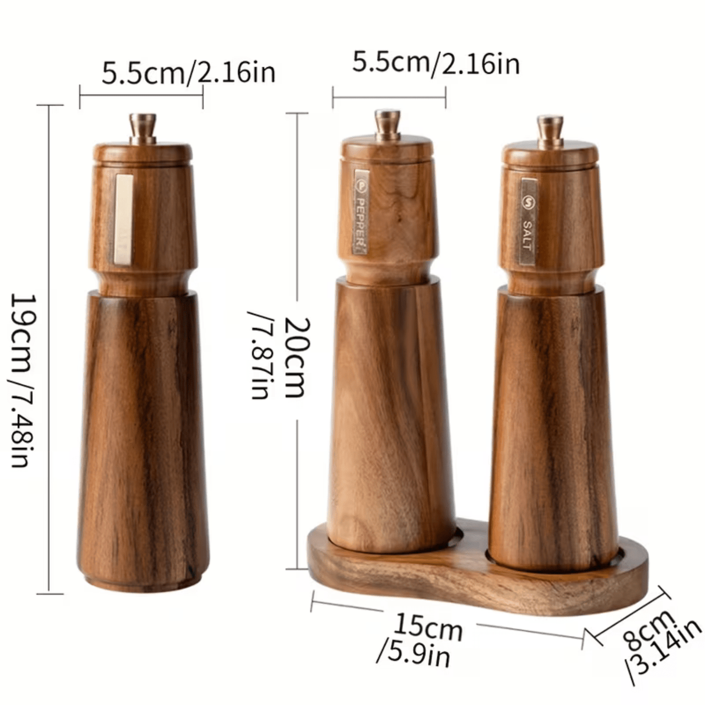 Acacia Wood Salt & Pepper Grinder Set with Tray – 3 Piece Manual Spice Mill Set - Baristas Tools
