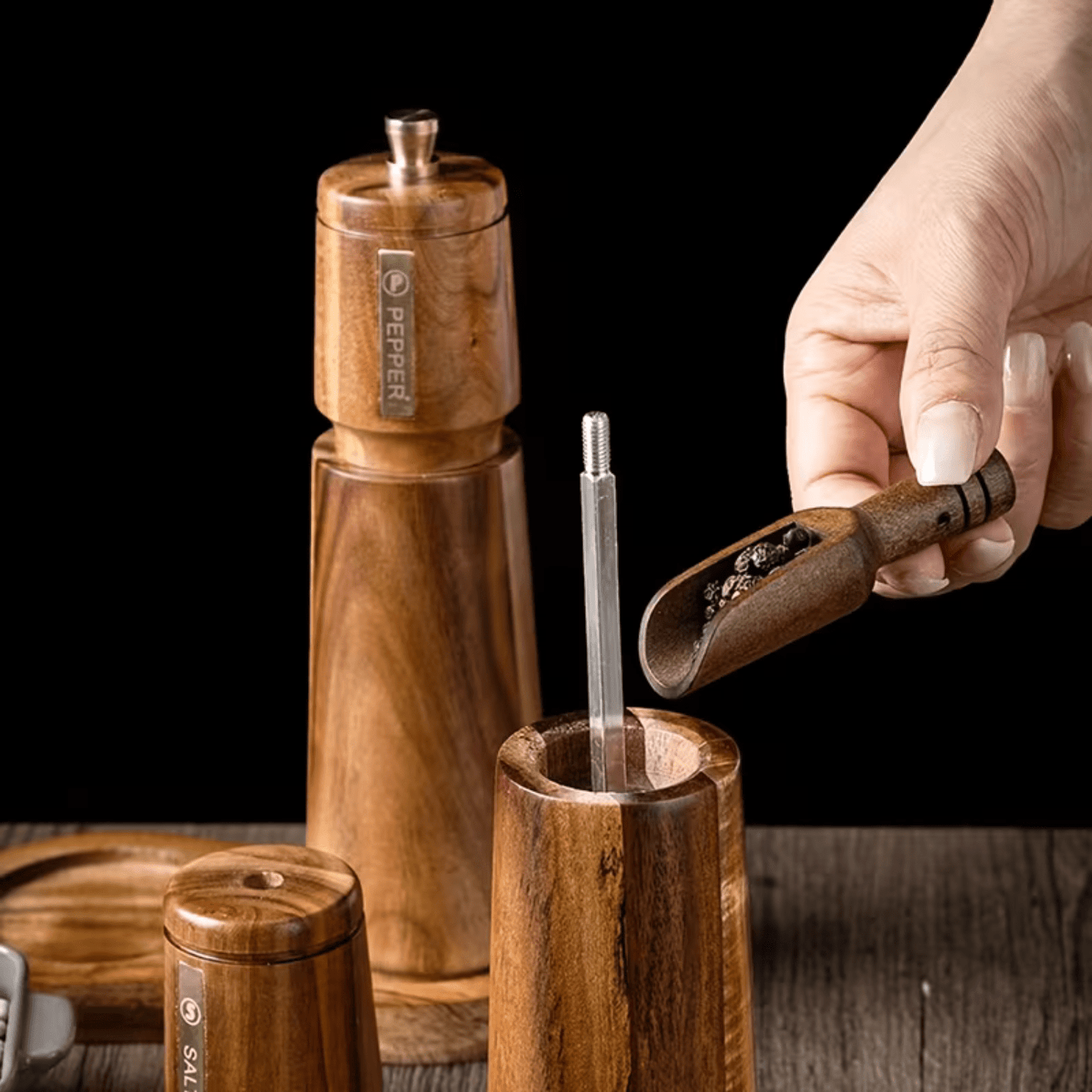 Acacia Wood Salt & Pepper Grinder Set with Tray – 3 Piece Manual Spice Mill Set - Baristas Tools