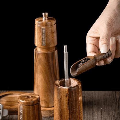 Acacia Wood Salt & Pepper Grinder Set with Tray – 3 Piece Manual Spice Mill Set - Baristas Tools