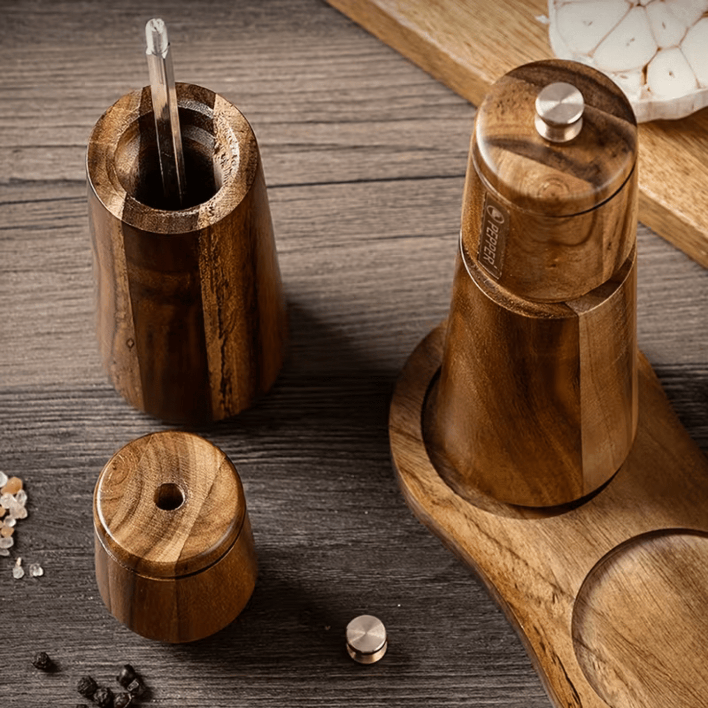Acacia Wood Salt & Pepper Grinder Set with Tray – 3 Piece Manual Spice Mill Set - Baristas Tools