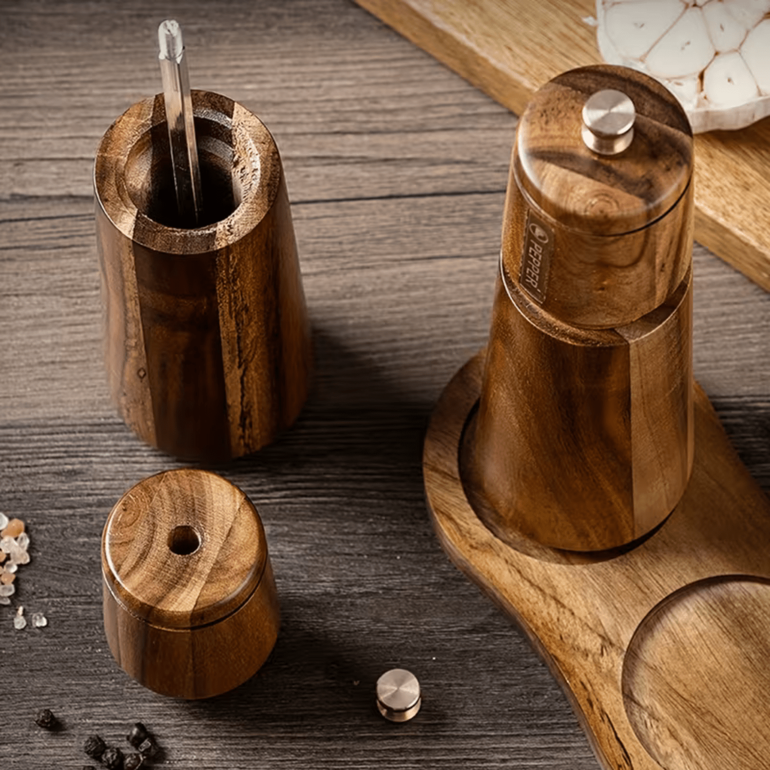 Acacia Wood Salt & Pepper Grinder Set with Tray – 3 Piece Manual Spice Mill Set - Baristas Tools
