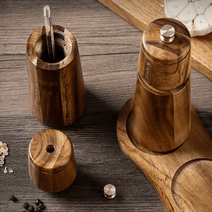 Acacia Wood Salt & Pepper Grinder Set with Tray – 3 Piece Manual Spice Mill Set - Baristas Tools