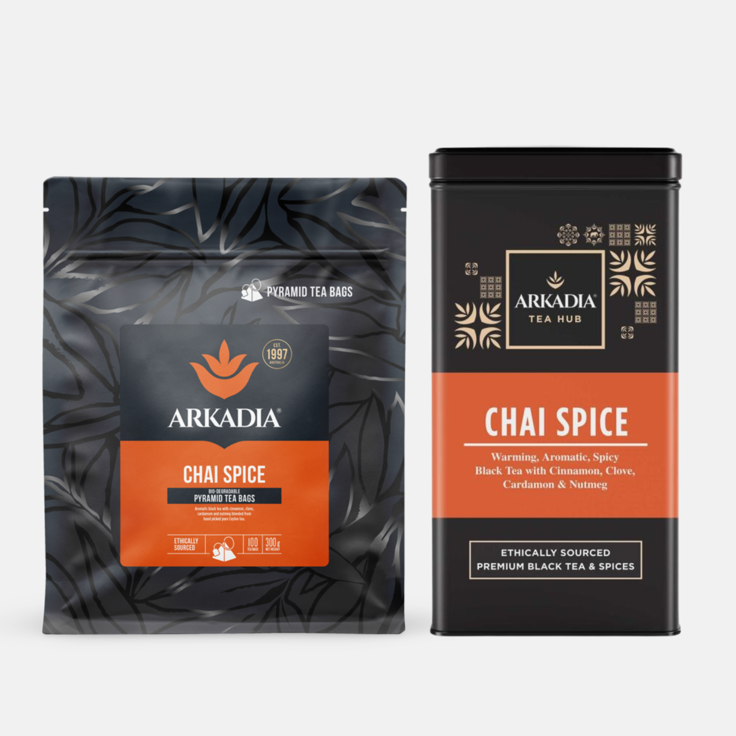 Arkadia Chai Spice tea packaging including a black bag and a black canister on a white background