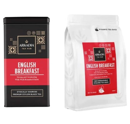 Arkadia English Breakfast Pyramid Tea – 100 Tea Bags (Optional Collectible Tin) - Baristas Tools