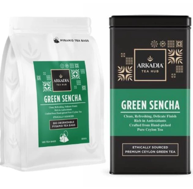 Arkadia Green Sencha Pyramid Tea – 100 Tea Bags (Optional Collectible Tin) - Baristas Tools
