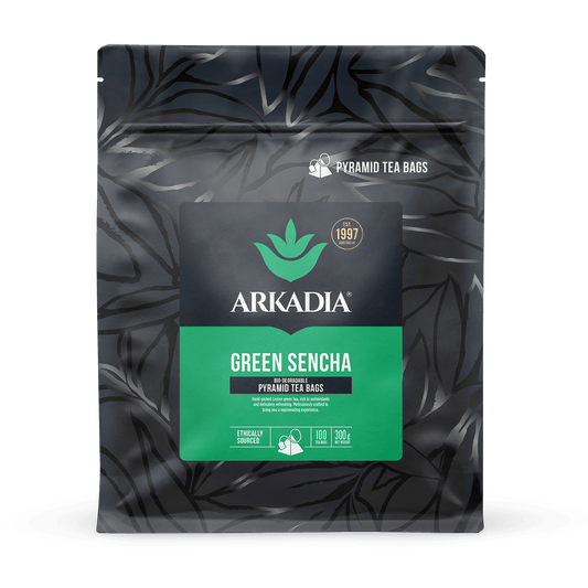 Arkadia Green Sencha Pyramid Tea – 100 Tea Bags (Optional Collectible Tin) - Baristas Tools