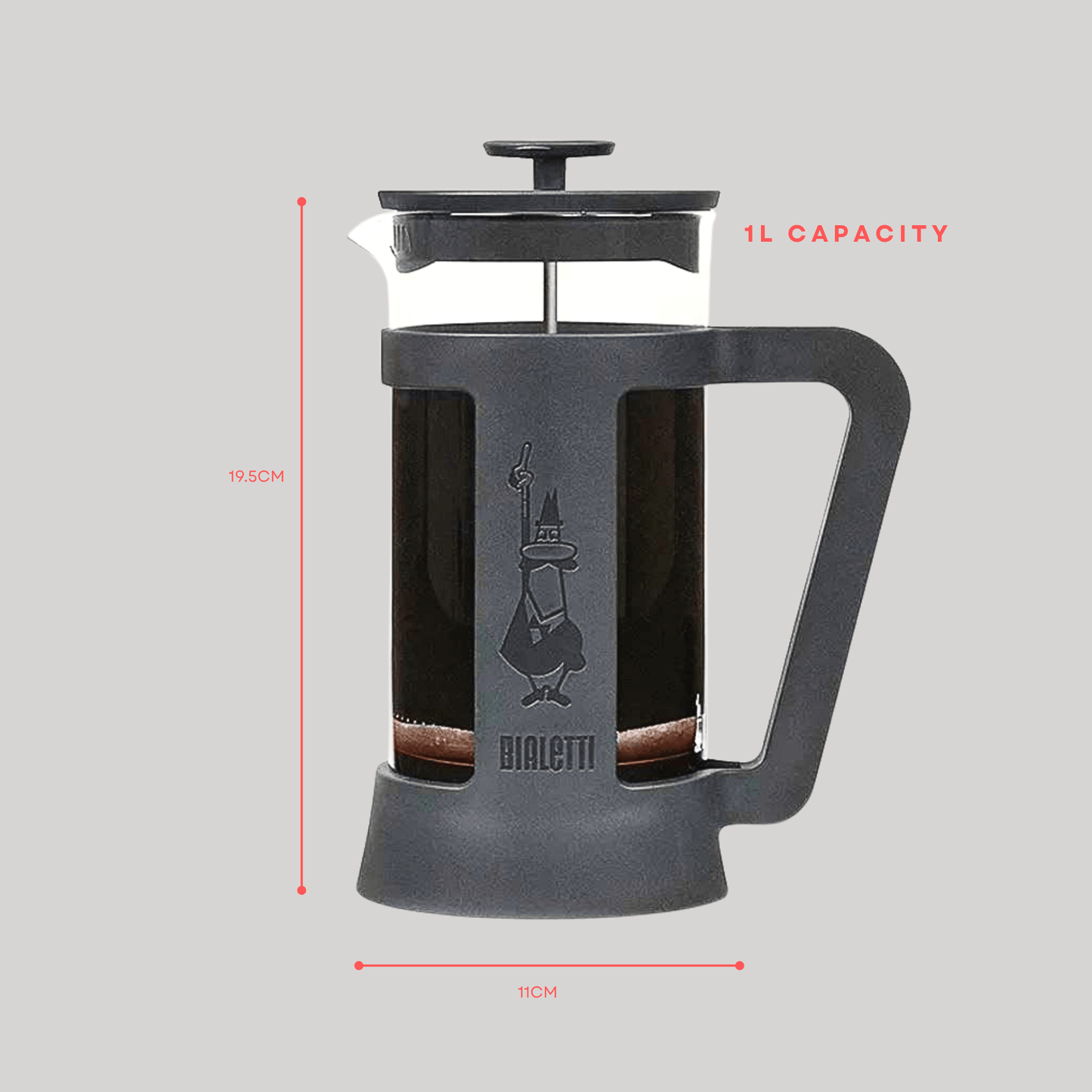 Bialetti Smart French Press 1L – Coffee Plunger Brewer, Heat - Resistant Glass, Stainless - Steel Filter - Baristas Tools