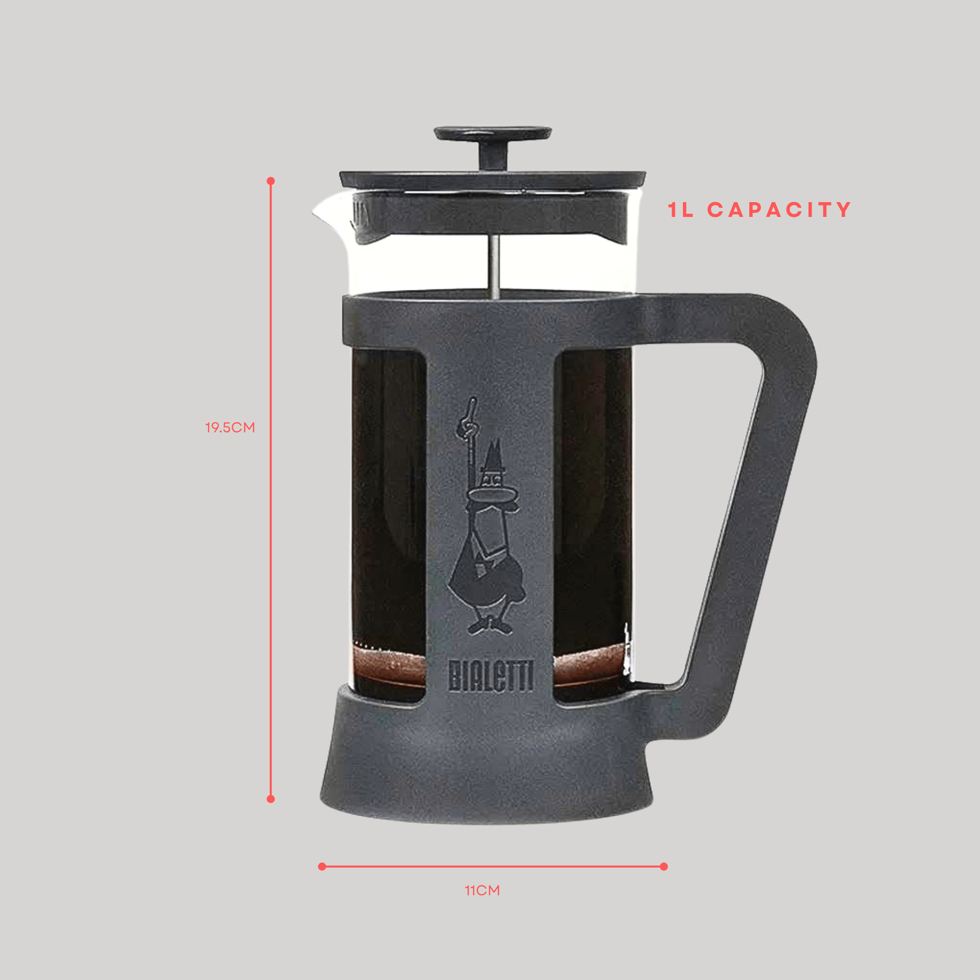 Bialetti Smart French Press 1L – Coffee Plunger Brewer, Heat - Resistant Glass, Stainless - Steel Filter - Baristas Tools