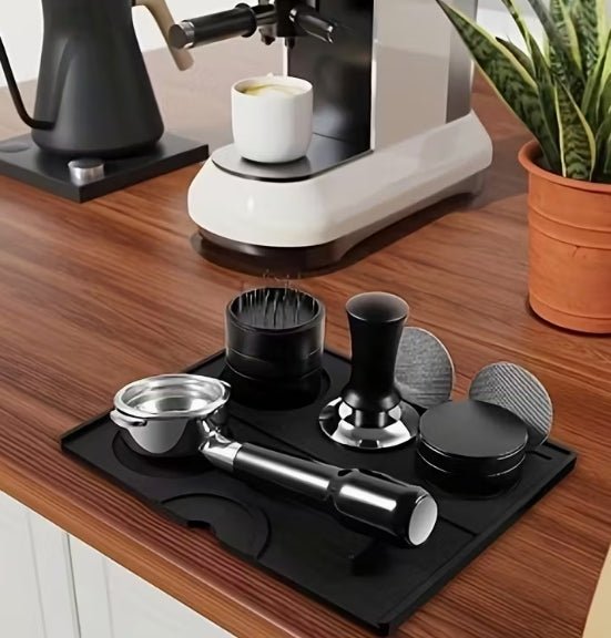 Black Silicone Espresso Tamping Mat – Heavy-Duty Anti-Slip Workstation Pad with Portafilter Holder and Tool Zones - Baristas Tools