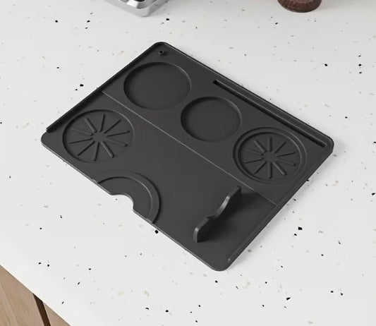 Black Silicone Espresso Tamping Mat – Heavy-Duty Anti-Slip Workstation Pad with Portafilter Holder and Tool Zones - Baristas Tools