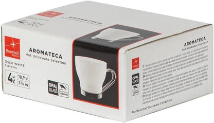Bormioli Rocco Aromateca Oslo White Espresso Cups – 3.5 oz / 10.9 cl – Set of 4 with Stainless Steel Handles - Baristas Tools