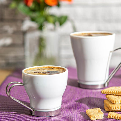 Bormioli Rocco Aromateca Oslo White Espresso Cups – 3.5 oz / 10.9 cl – Set of 4 with Stainless Steel Handles - Baristas Tools