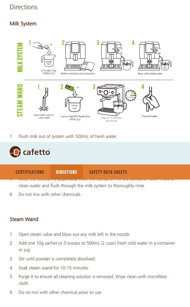 Cafetto MFC Powder Eco 500g Milk System Cleaner – Steam Wand, Milk Lines & Tubes - Baristas Tools
