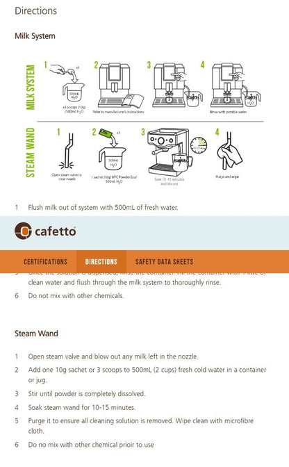 Cafetto MFC Powder Eco 500g Milk System Cleaner – Steam Wand, Milk Lines & Tubes - Baristas Tools