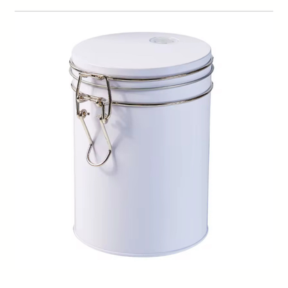White metal canister with a silver clasp on a white background