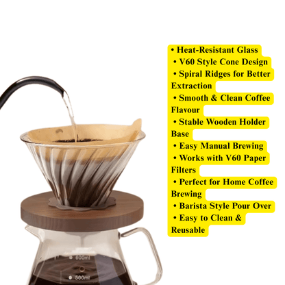 Glass V60 Pour Over Coffee Dripper with Wooden Base - Baristas Tools