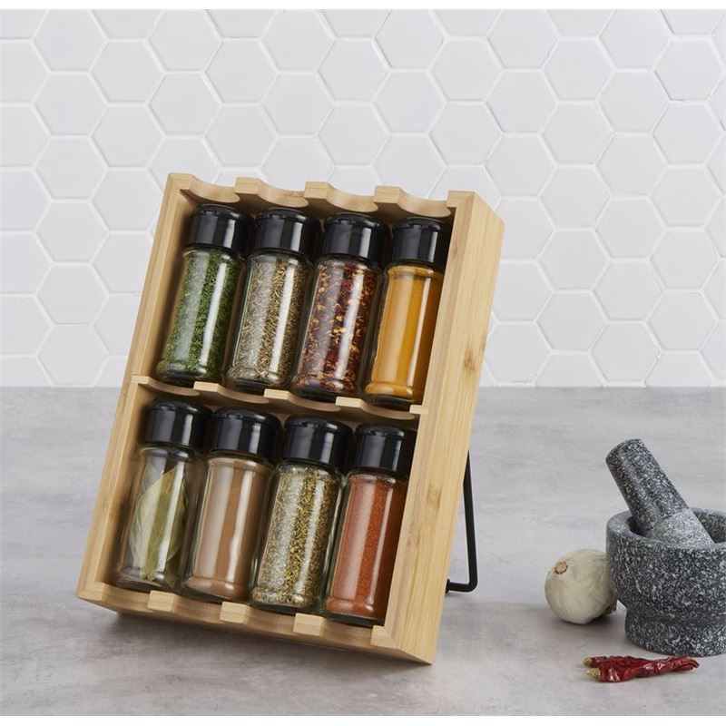 Kitchen Spice Rack with 8 Glass Canisters – Compact Countertop Storage Set - Baristas Tools