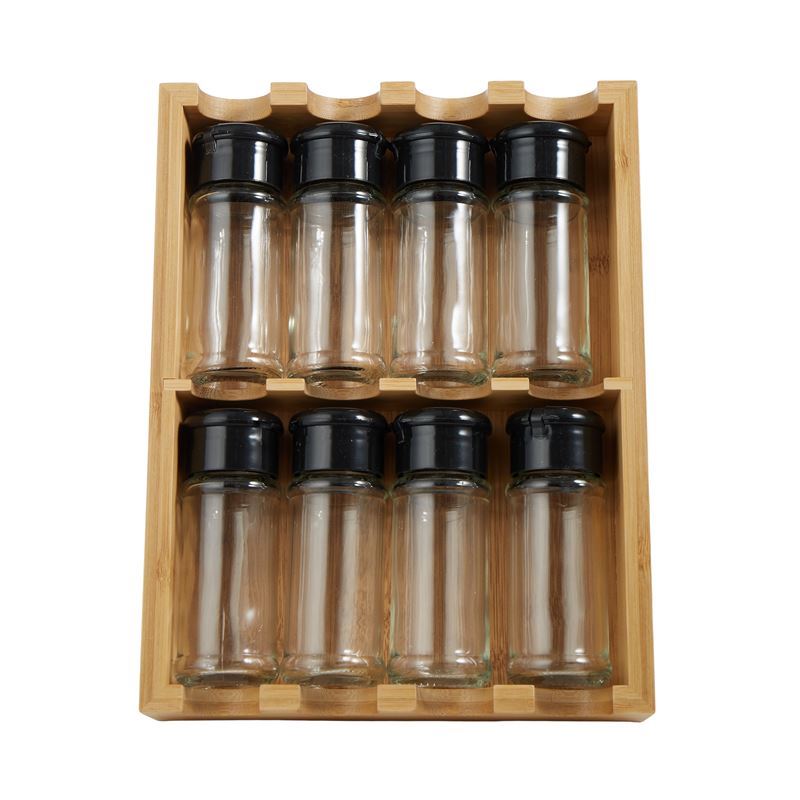 Kitchen Spice Rack with 8 Glass Canisters – Compact Countertop Storage Set - Baristas Tools