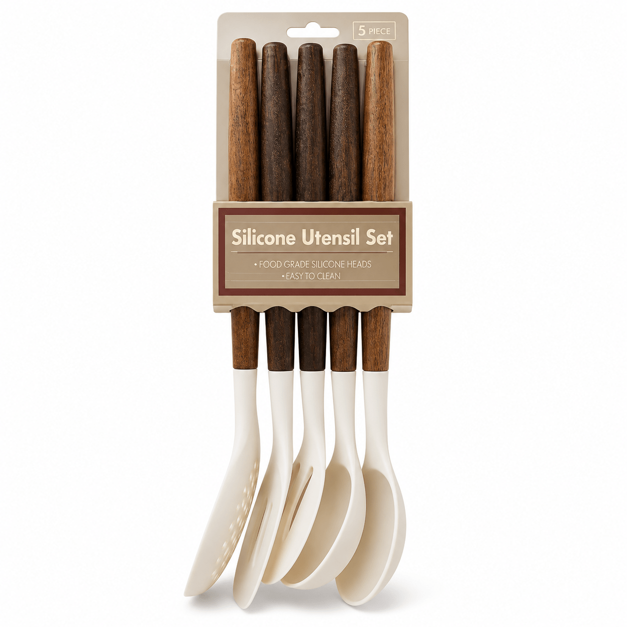 Rustic Elegance 5‑Piece Silicone & Wood Utensil Set — Premium Ladle, Spoons & Turners - Baristas Tools