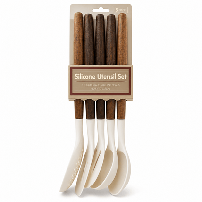 Rustic Elegance 5‑Piece Silicone & Wood Utensil Set — Premium Ladle, Spoons & Turners - Baristas Tools