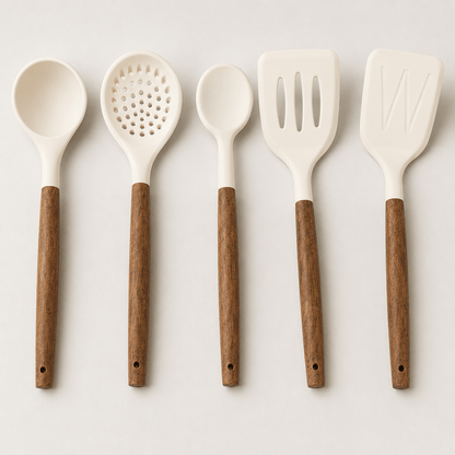 Rustic Elegance 5‑Piece Silicone & Wood Utensil Set — Premium Ladle, Spoons & Turners - Baristas Tools