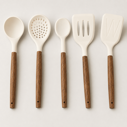 Rustic Elegance 5‑Piece Silicone & Wood Utensil Set — Premium Ladle, Spoons & Turners - Baristas Tools
