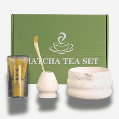 Traditional Matcha Tea Kit – 4 - Piece Japanese Ceramic Bowl with Bamboo Whisk, Scoop & Stand - Baristas Tools