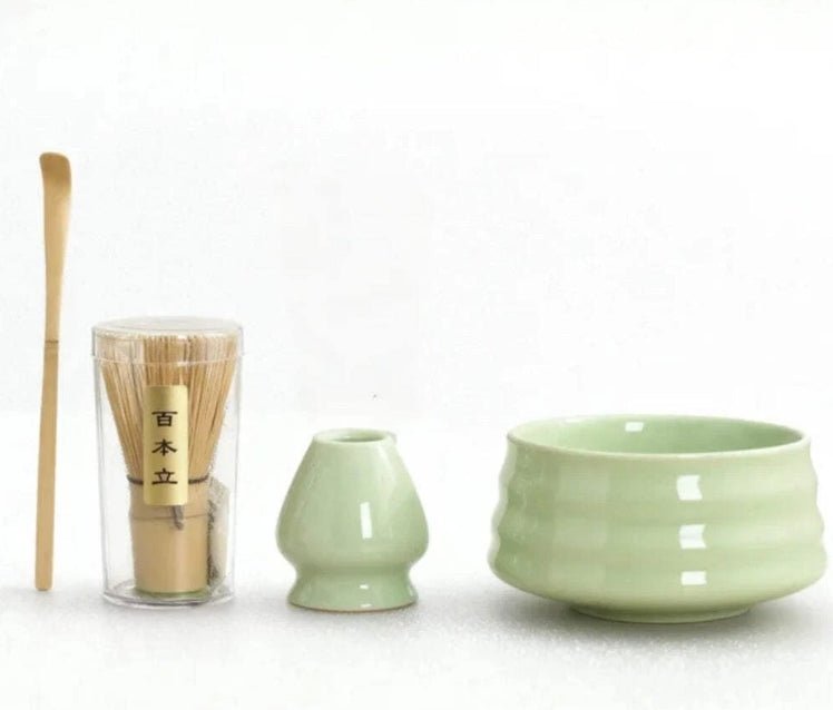 Traditional Matcha Tea Kit – 4 - Piece Japanese Ceramic Bowl with Bamboo Whisk, Scoop & Stand - Baristas Tools
