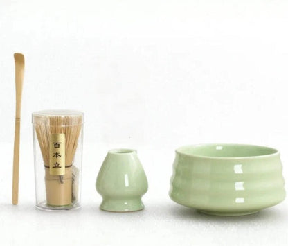 Traditional Matcha Tea Kit – 4 - Piece Japanese Ceramic Bowl with Bamboo Whisk, Scoop & Stand - Baristas Tools
