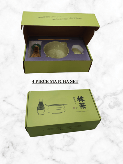 Traditional Matcha Tea Kit – 4 - Piece Japanese Ceramic Bowl with Bamboo Whisk, Scoop & Stand - Baristas Tools
