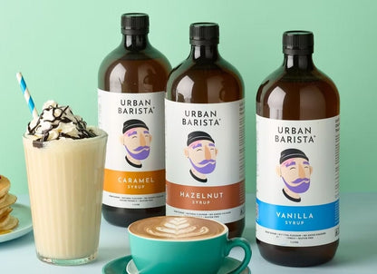 Urban Barista Syrups – 1L Bottles (Vanilla, Hazelnut, Caramel) Natural Ingredients. Barista - Approved Flavour. - Baristas Tools