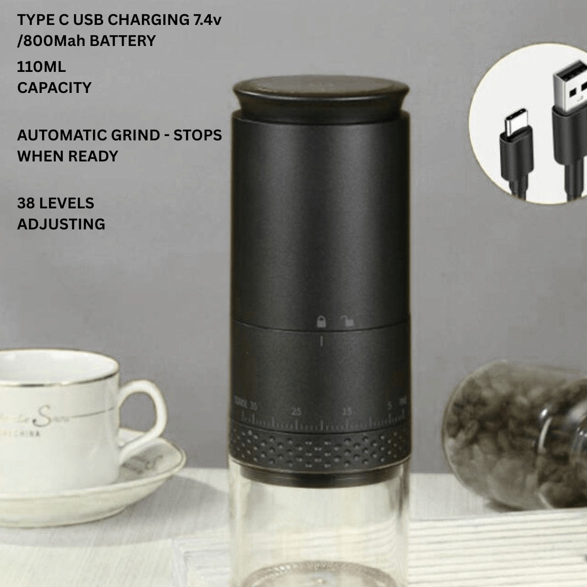 USB - C Rechargeable Coffee Grinder – Stainless Steel Burr | 38 Precision Settings - Baristas Tools
